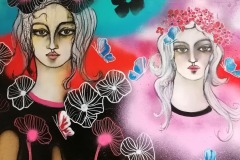 Demoiselles et les 3 chattes, peinture murale 2,2m x 3,5m à Joinville le Pont Demoiselle MM 2021