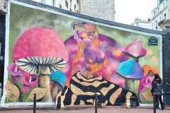 Art de rue fresque murale Paris : 'Demoiselle Queen of Mushrooms'