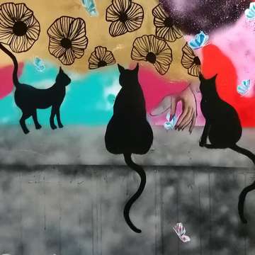 Demoiselles et les 3 chattes, mur 250cm x 350cm Joinville le Pont pour association artistique le Préau Demoiselle MM 2021