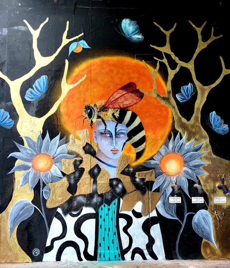 Fresque murale urbaine Demoiselle Queen Bee sur le mur du Lavomatik