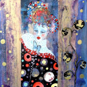 Oeuvre grandeur nature 'Demoiselle Klimt Ter' sur toile par Demoiselle MM, technique mixte