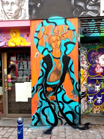 Peinture murale dans la rue Denoyez rue dédiée au street art à Paris Demoiselle Barbouquin