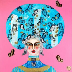 Portrait de femme peinture et spray Demoiselle Mariposa fond rose