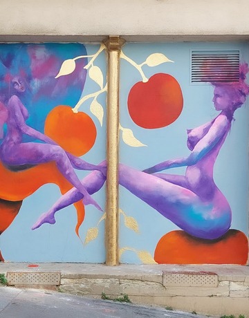 Art urbain "Demoiselle Eve & Demoiselle Cupidon" par Demoiselle MM, réalisé à Paris 19ème.