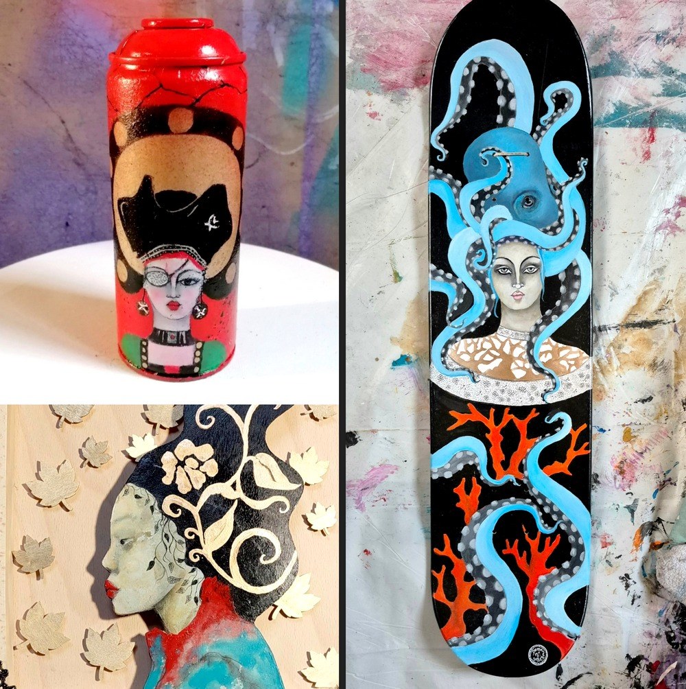 Custom Art 2024 par Demoiselle MM : peinture artistique sur divers supports : bombes spray, skate board, caisses en bois...